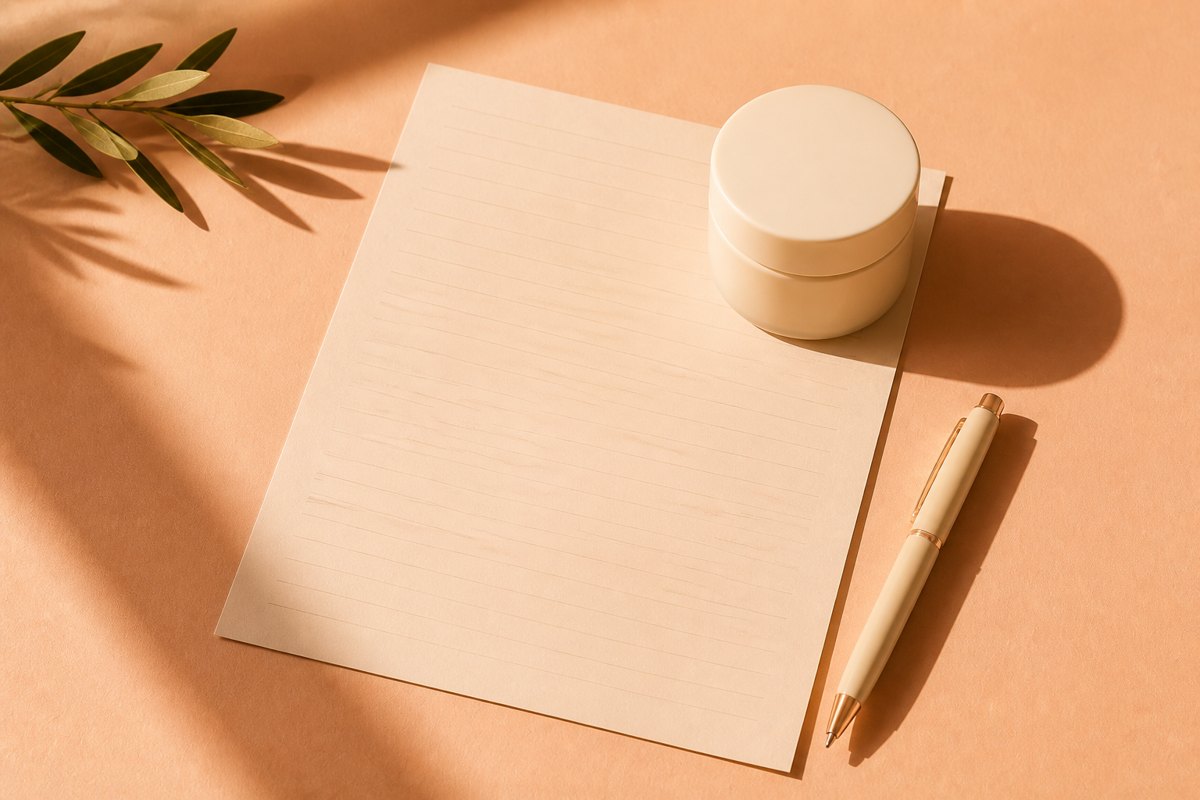A printed page held down by an unbranded ceramic jar on a peach desk in strong side light