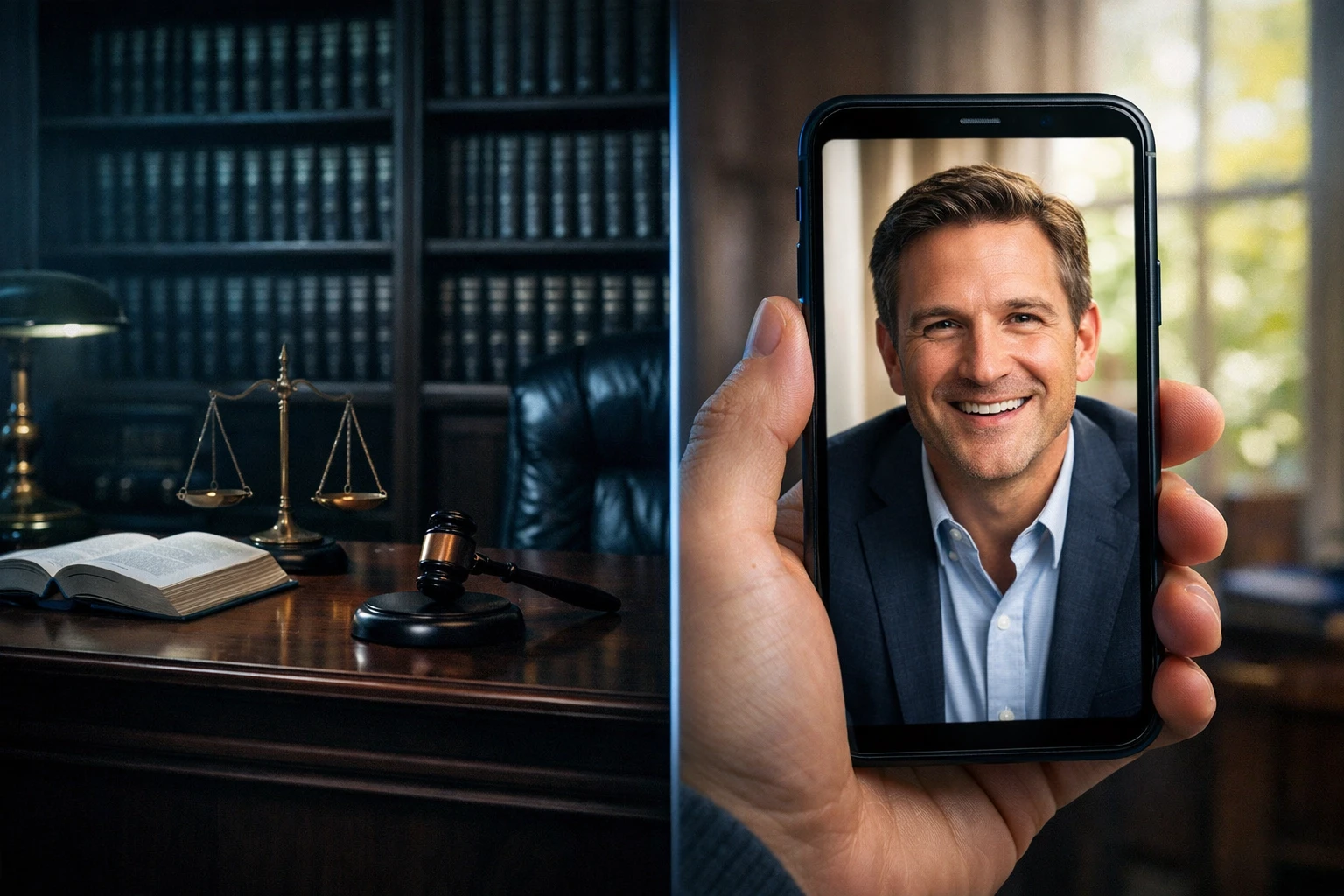 Traditional law office contrasted with modern lawyer speaking on video to build client trust