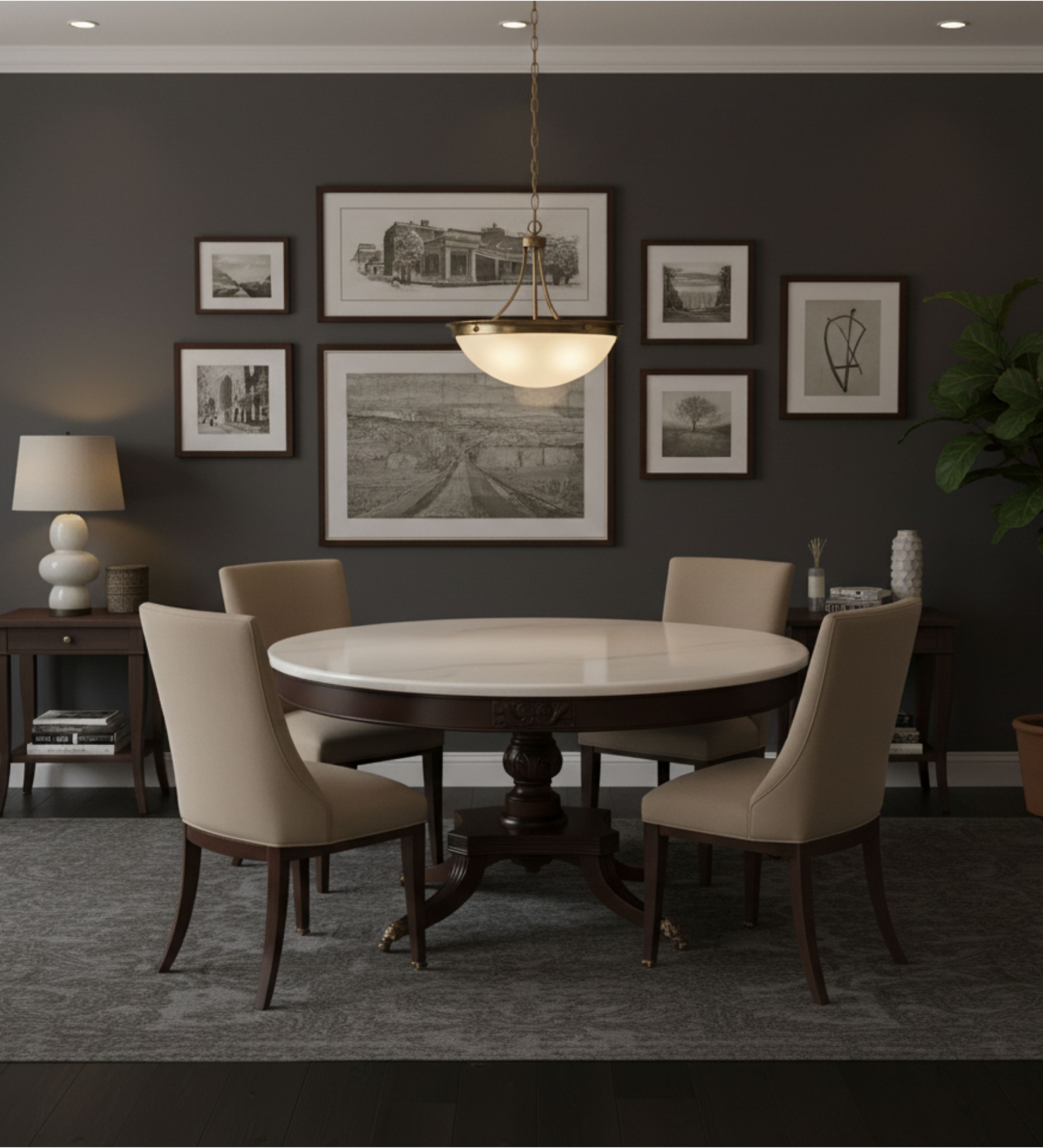 Rectangular solid wood dining set with high‑back upholstered chairs arranged for larger group dining