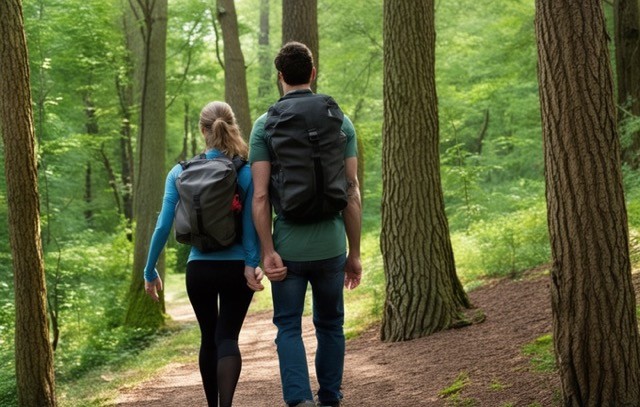 woman and man walking in the woods with a backpack