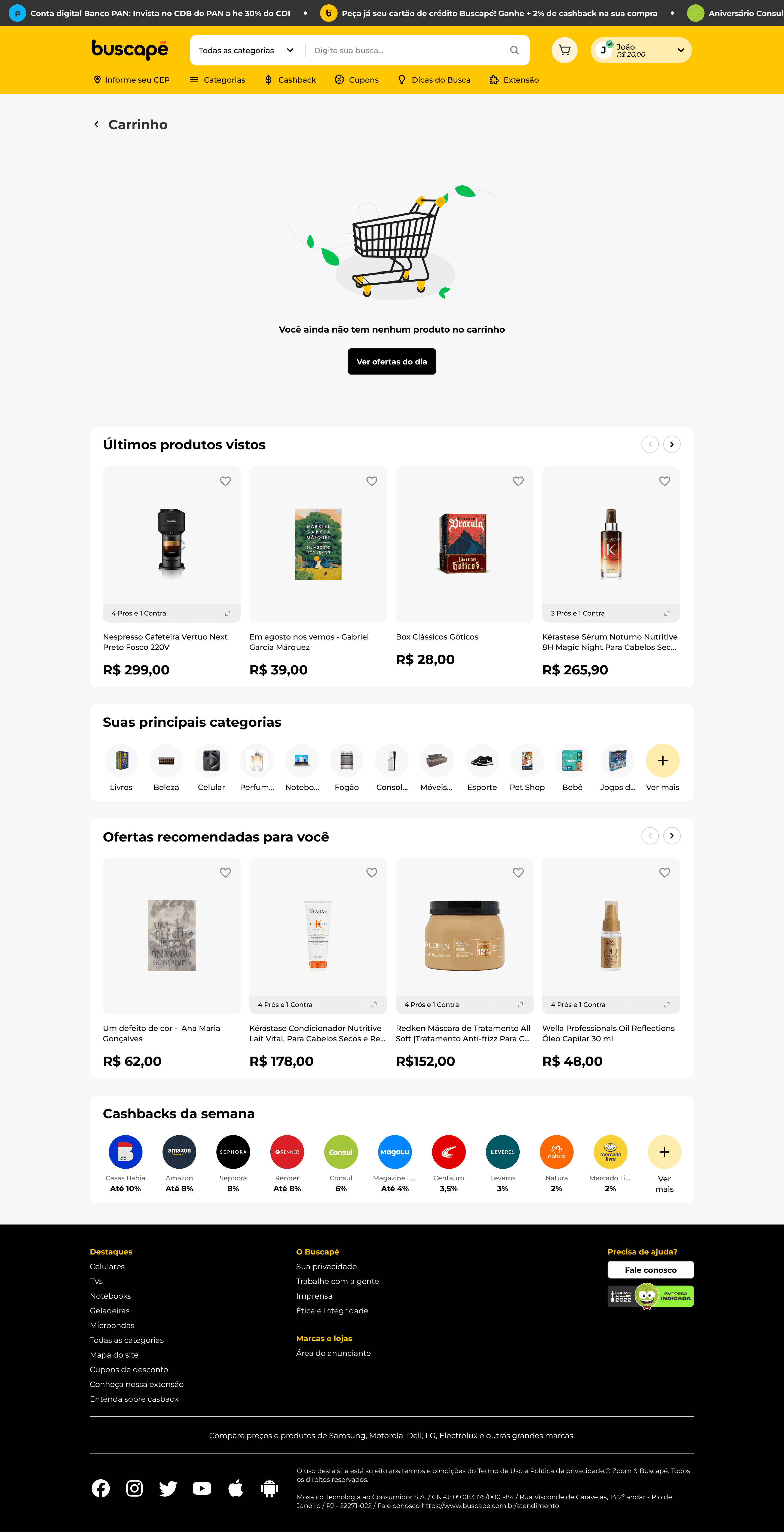 Página desktop do carrinho vazio com trilho de últimos produtos vistos, principais categorias acessadas, ofertas recomendadas e cashbacks destacados da semana
