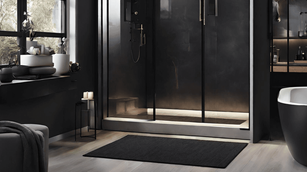 magic plan luxury bathroom interior with dark finishes, glass shower, and freestanding tub