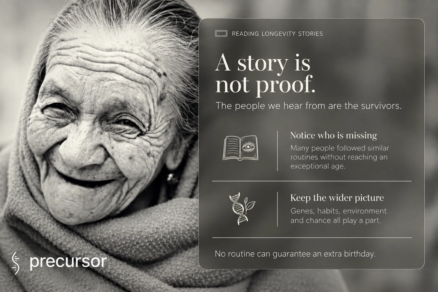 Longevity stories feature survivors and cannot isolate what caused a long life. Genes, habits, environment and chance all contribute.