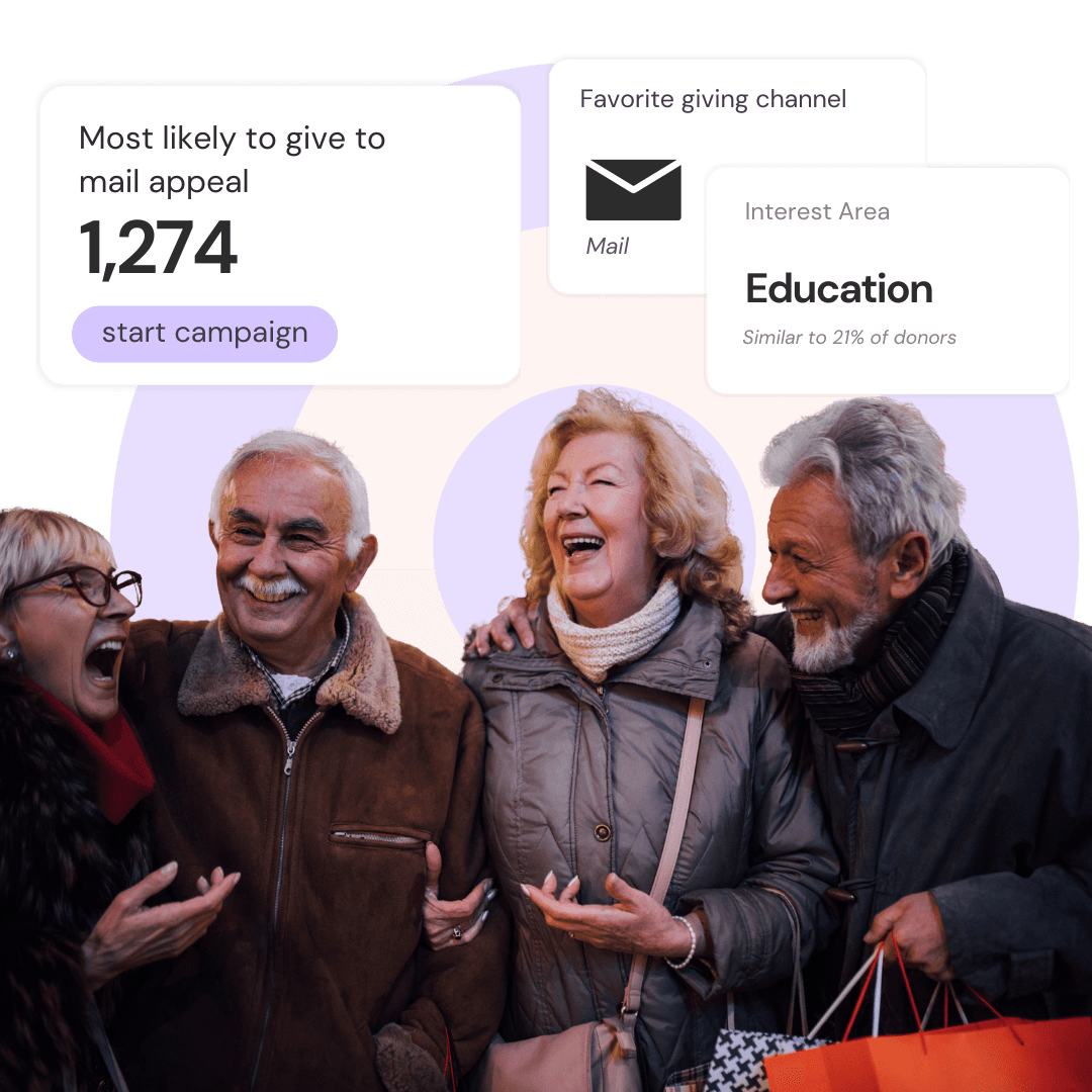 A group of people, part of an audience called "most likely to give to mail appeal." Their favorite giving channel is mail, and their interest area is education.