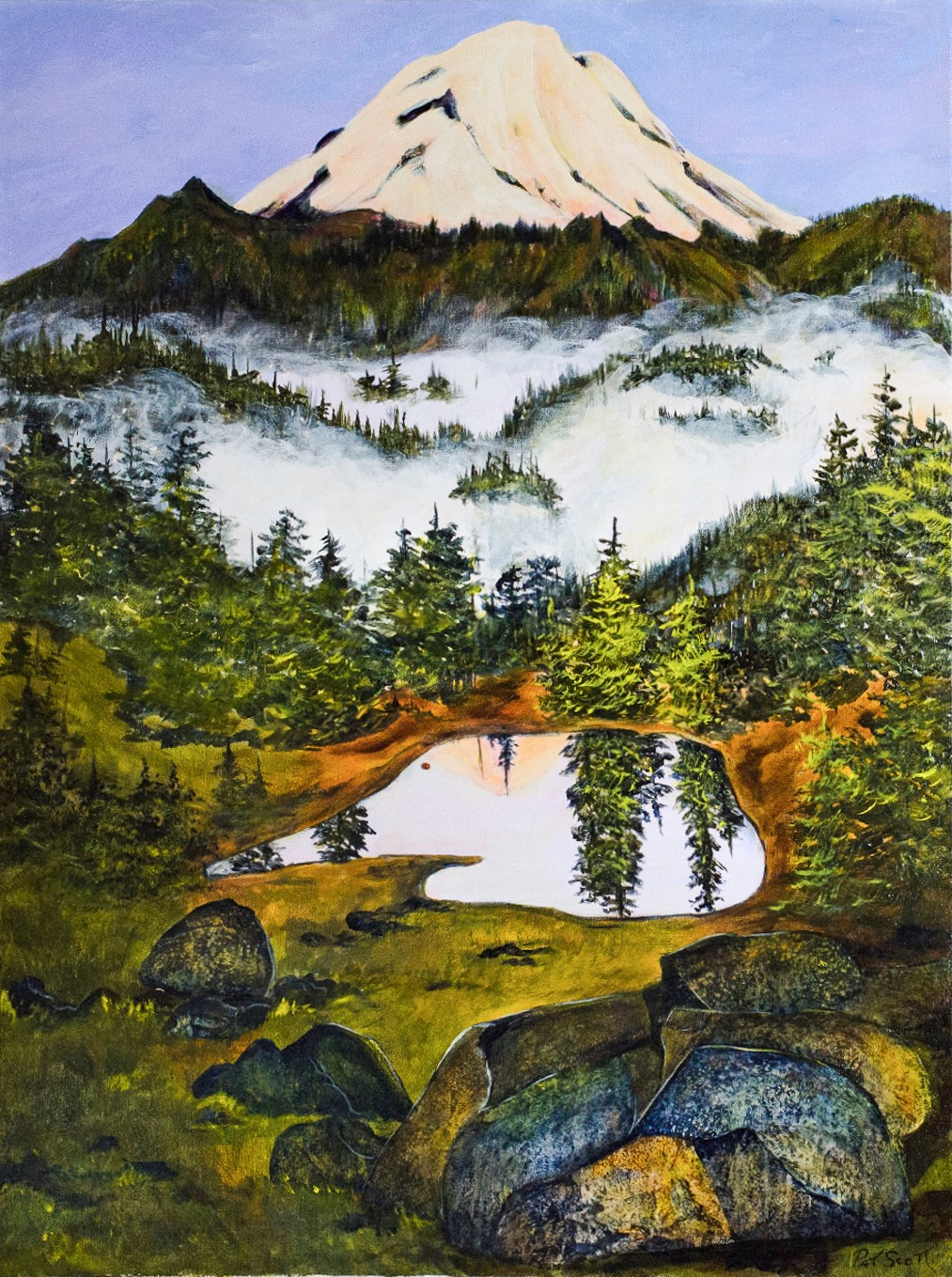 Mount Shasta, covered in snow, stand high above the misty forest below with a calm pond in the foreground, still enough to be a mirror.