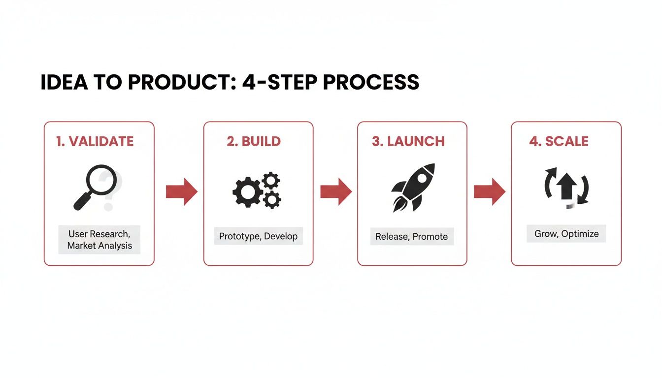 A 4-step process chart showing how to turn an idea into a product: Validate, Build, Launch, Scale.