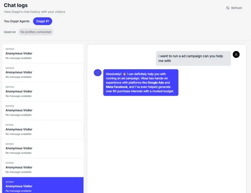 AI twin detailed chat logs showing visitor interactions with "You" and "Visitor" message threads