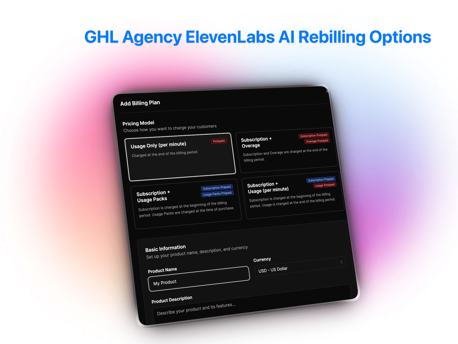 GHL Agency ElevenLabs AI rebilling options dashboard showing pricing models including usage-based per minute billing, subscription with overage, subscription with usage packs, and subscription with per-minute usage for conversational AI agent platform | VoiceAIWrapper