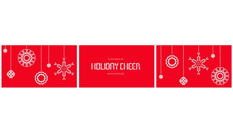 three holiday cheer banners with white text and snowflake shapes on red background