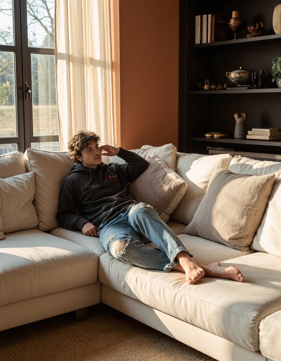Cozy living room scene with cream sectional sofa, warm lighting through sheer curtains, and stylish home decor in warm earth tones