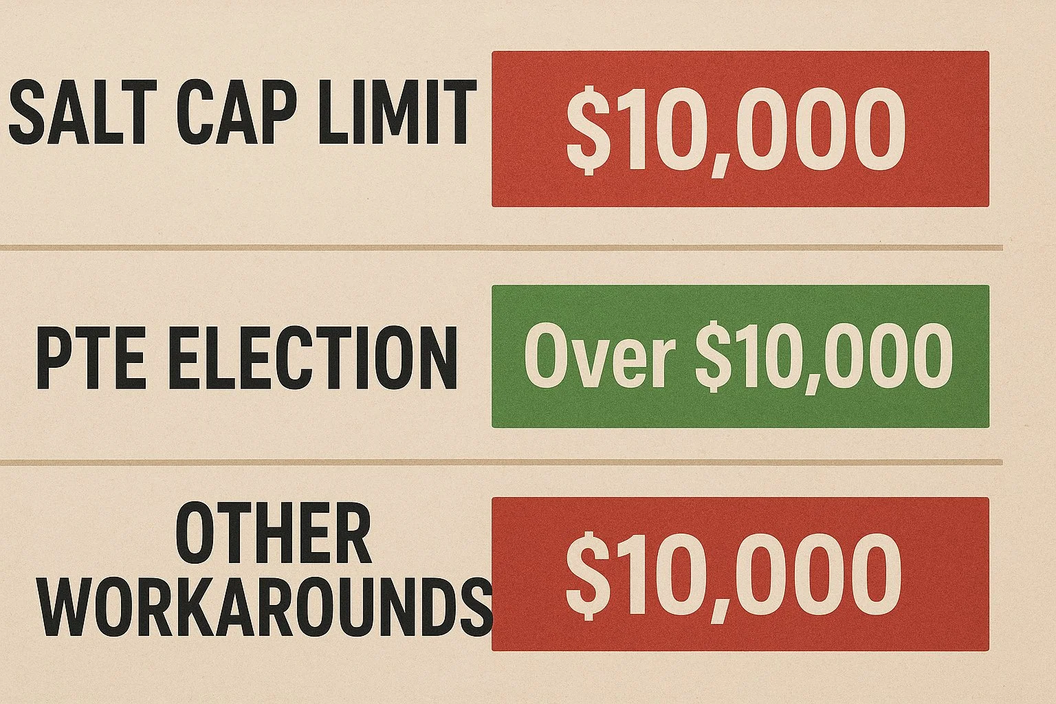 Layered graphic showing SALT cap limits, illustrating how a PTE election bypasses the $10,000 cap while other strategies remain constrained by it.
