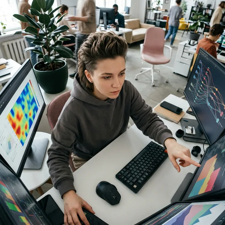 Équipe de consultants en atelier de travail analysant des indicateurs de performance et des graphiques de données sur plusieurs écrans, illustrant notre expertise en Marque employeur et corporate pour garantir des campagnes pilotées avec rigueur et transparence.