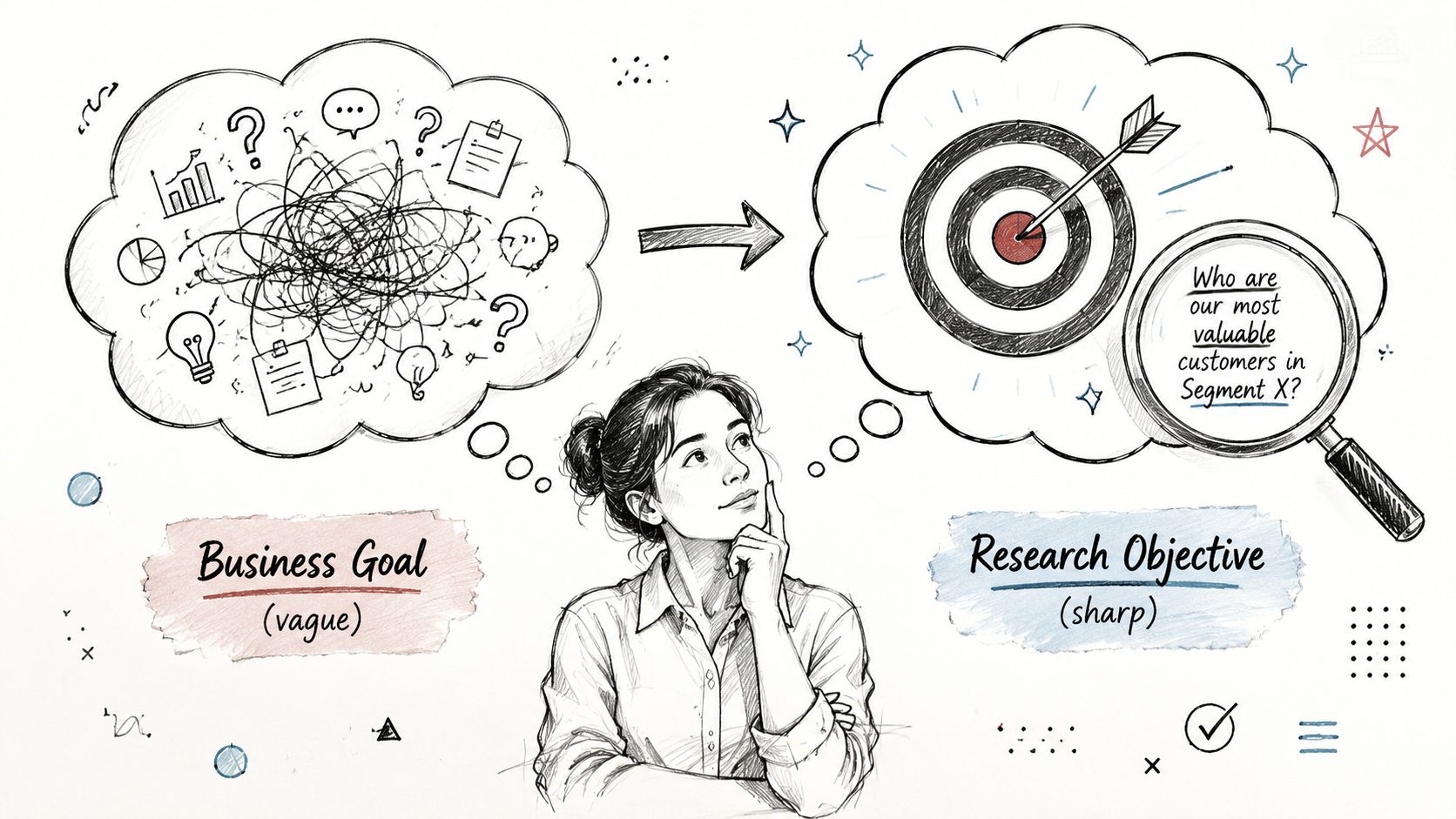 A conceptual illustration showing a transition from a vague business goal to a sharp research objective.