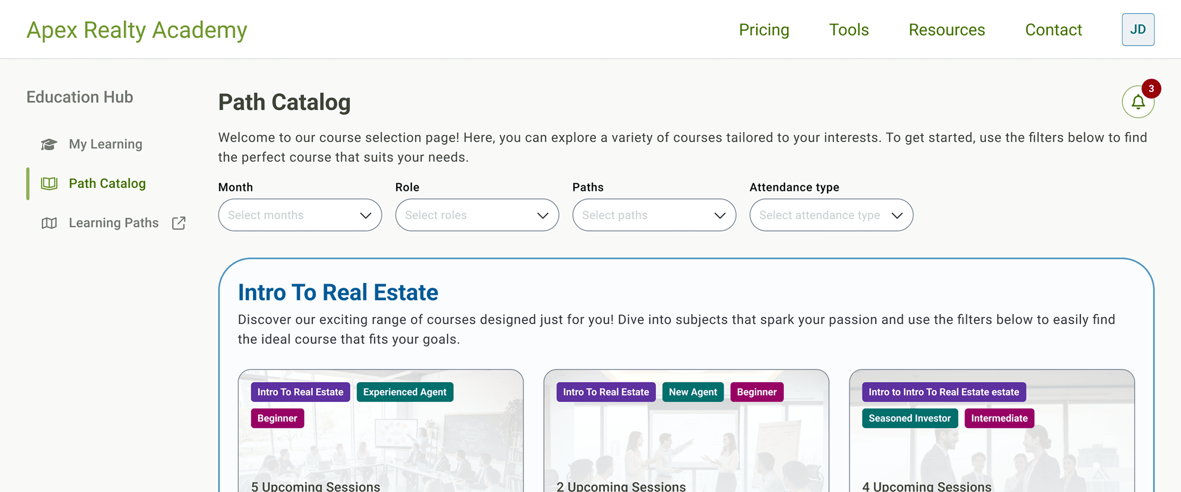 Class search page showing search options