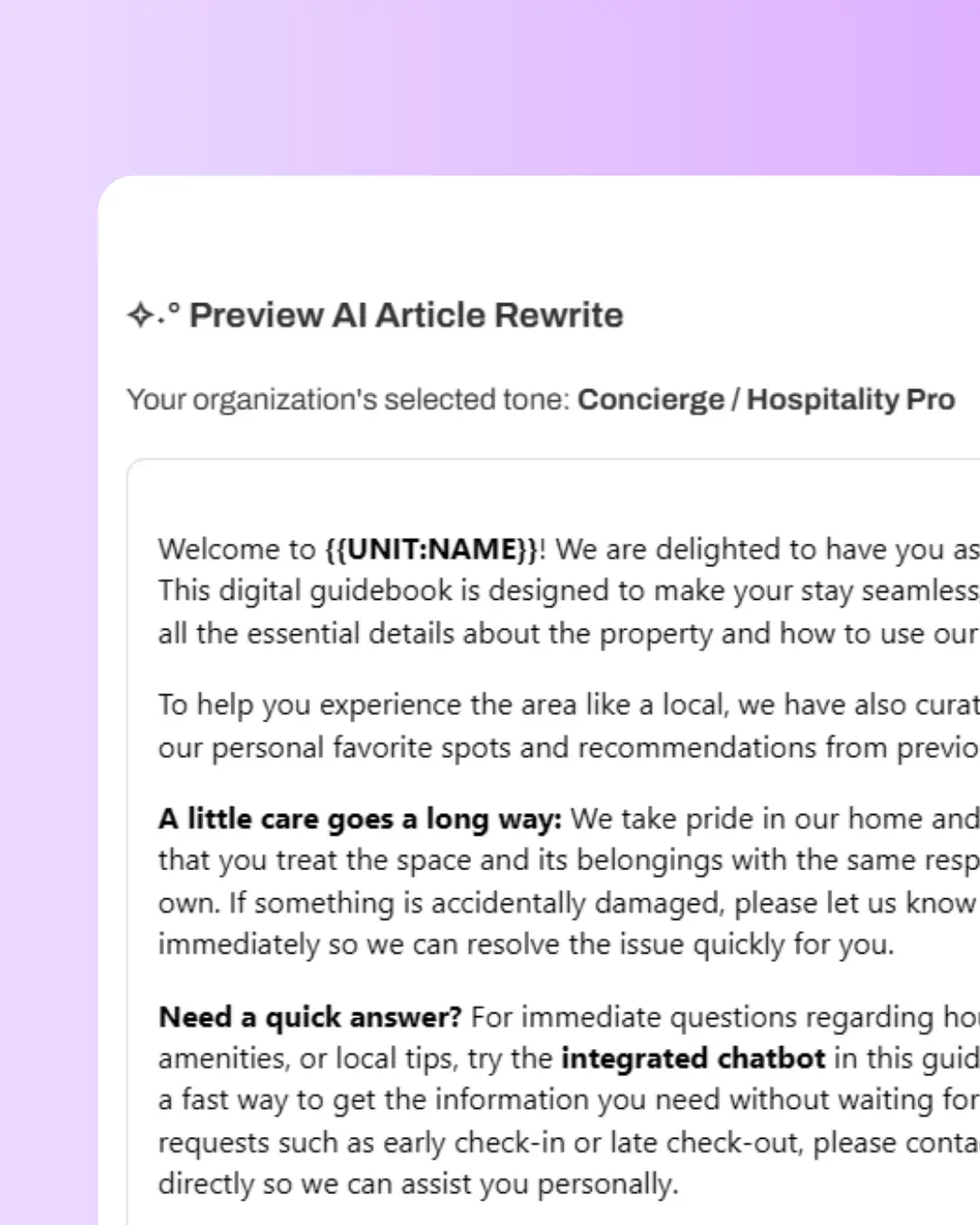 Un editor de artículos de SmoothStay mostrando la vista previa de una versión pulida con AI