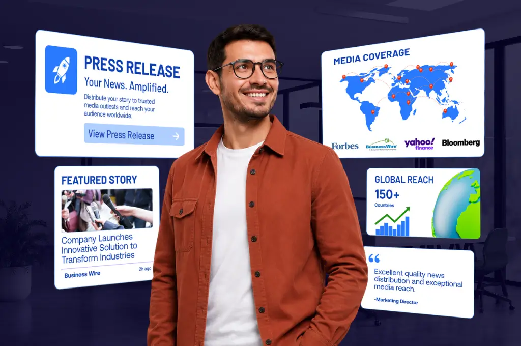 Smiling communications professional stands before press release, featured story, media coverage map, and global reach displays in a modern office.