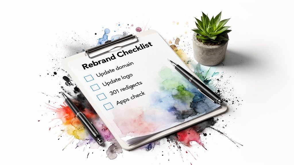 Rebrand Checklist on a clipboard with a pen and a succulent, surrounded by colorful watercolor splashes.