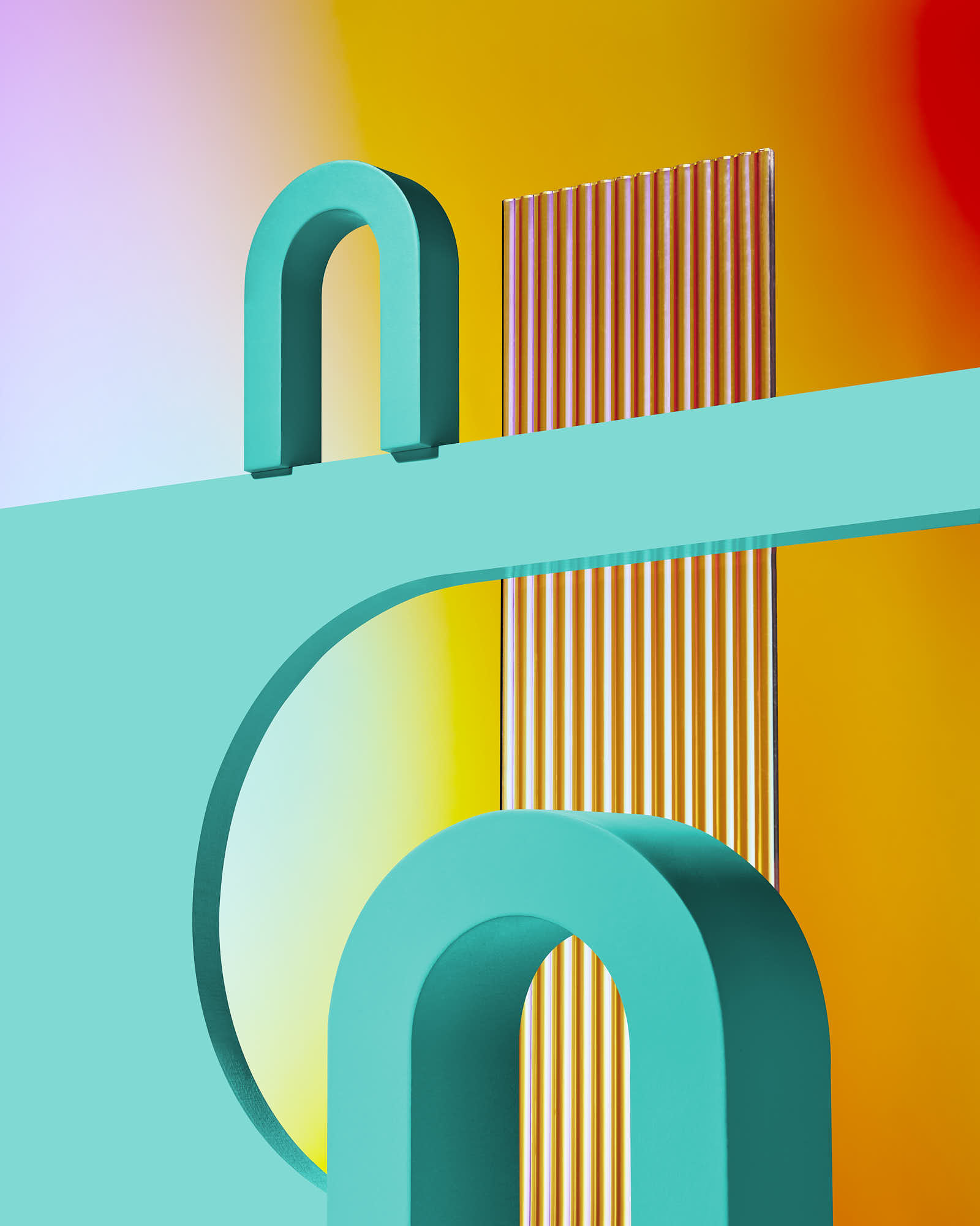 Abstract geometric design featuring turquoise arches and colorful striped backdrop.