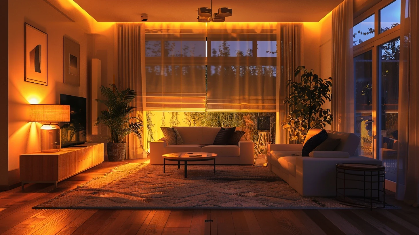 Salon moderne avec éclairage LED indirect chaud, ambiance domotique connectée