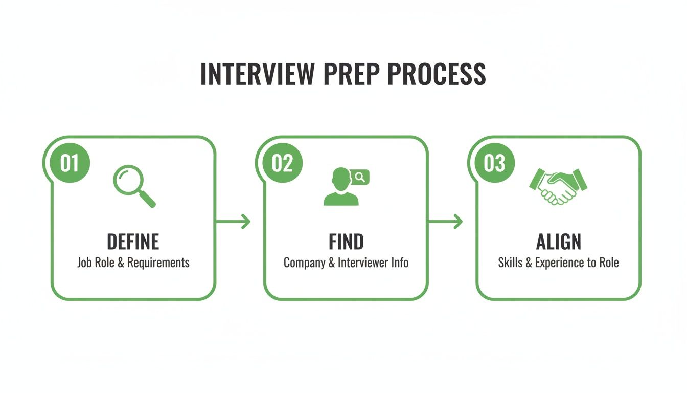 A flowchart outlining the three-step interview preparation process: Define, Find, and Align.
