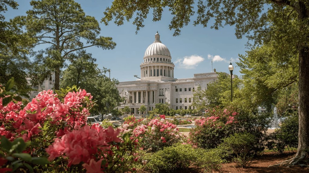 Alabama State Capitol in Montgomery with a white dome surrounded by trees and flowers on a sunny day
