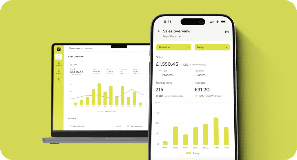 smartphone and desktop Teya app showing integrated payment processing dashboards for local business owners