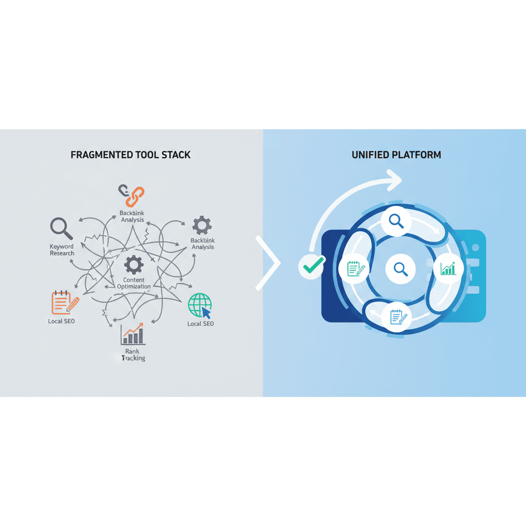 Comparison of fragmented SEO tool stack versus unified automation platform showing workflow efficiency