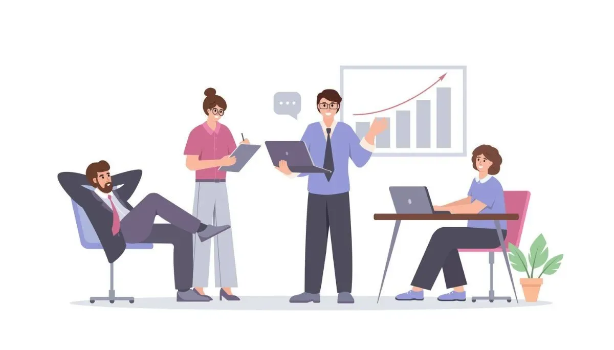 Illustration of four professionals in an office setting—one presenting growth charts, one taking notes on a clipboard, one working at a laptop, and another seated casually—representing the mix of communication, composure, and collaboration that shapes what it means to be “professional” in the tech industry.