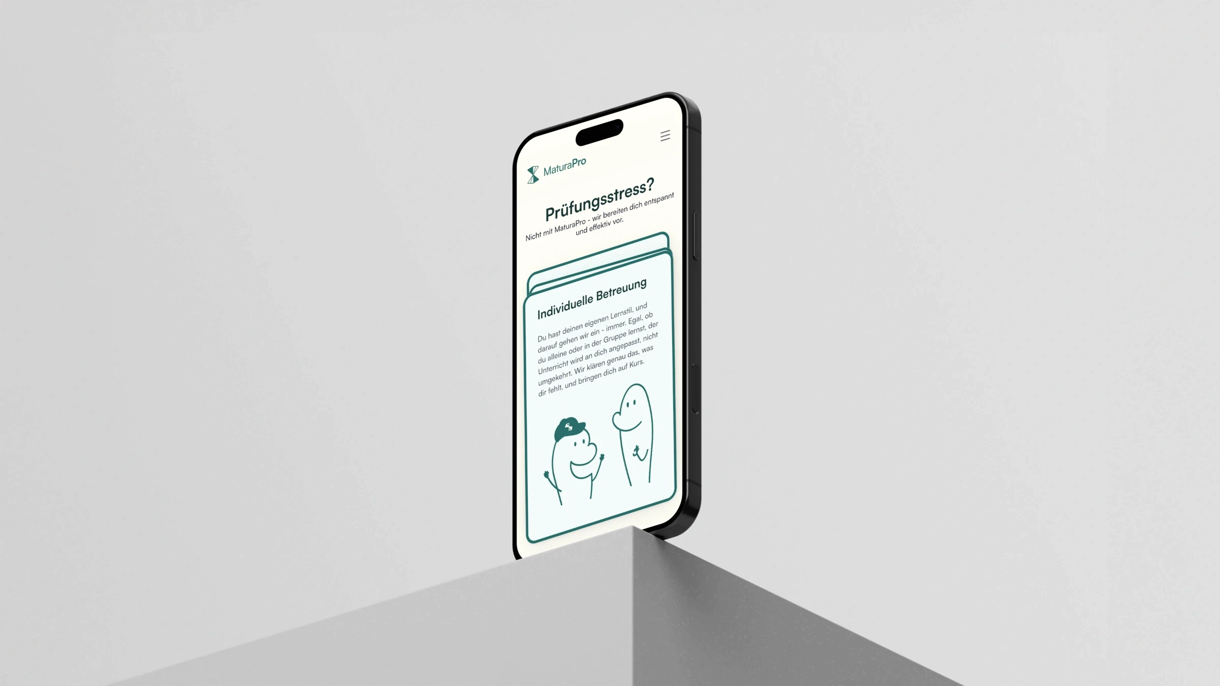 Ein Bild von einem Iphone welches die Website von MaturaPro zeigt vor einem grauen Hintergrund.