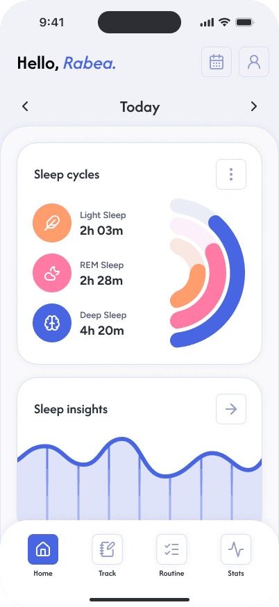 Home screen with today’s sleep cycles, including light, REM, and deep sleep, shown in a compact card layout with a sleep insights graph.