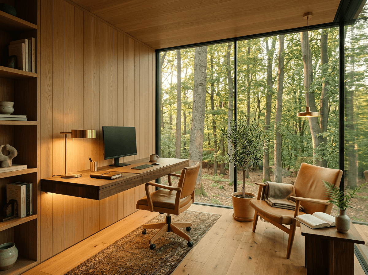 Private office focus pod with floating walnut desk and floor-to-ceiling forest view.
