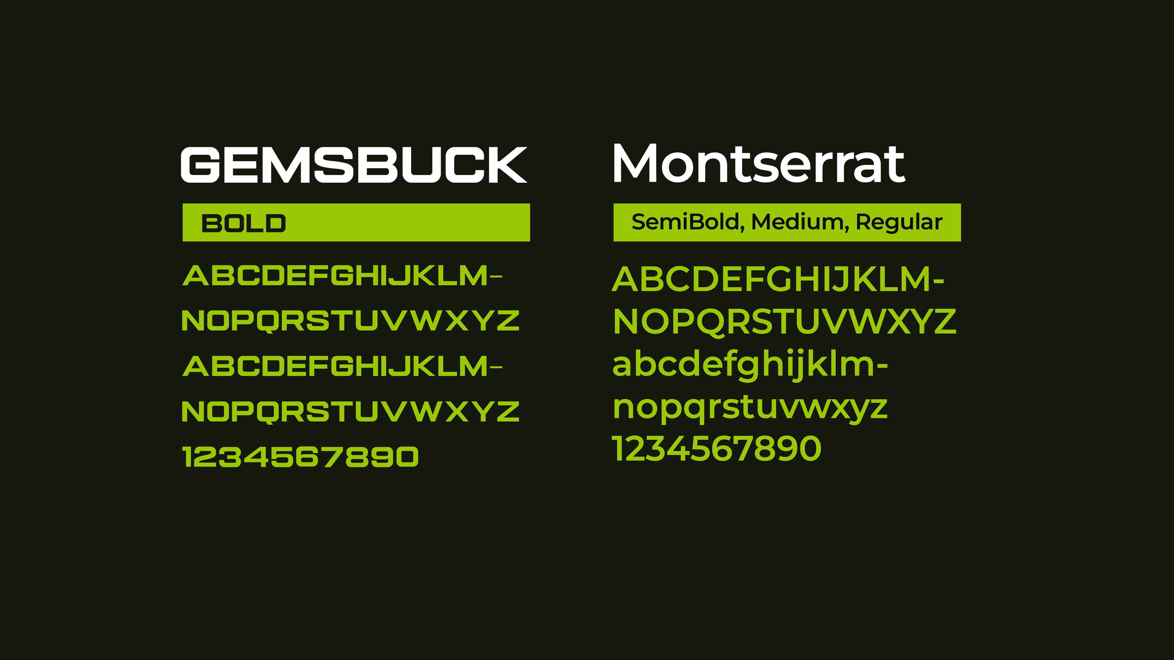 Green Can Service typography guidelines comparing Gemsbuck and Montserrat in lime green on black.