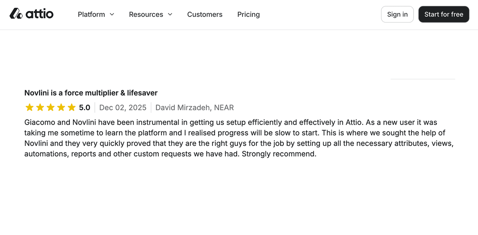 Review on Attio hire an expert page by David Mirzadeh, NEAR FOundation praising the work of novlini and Giacomo