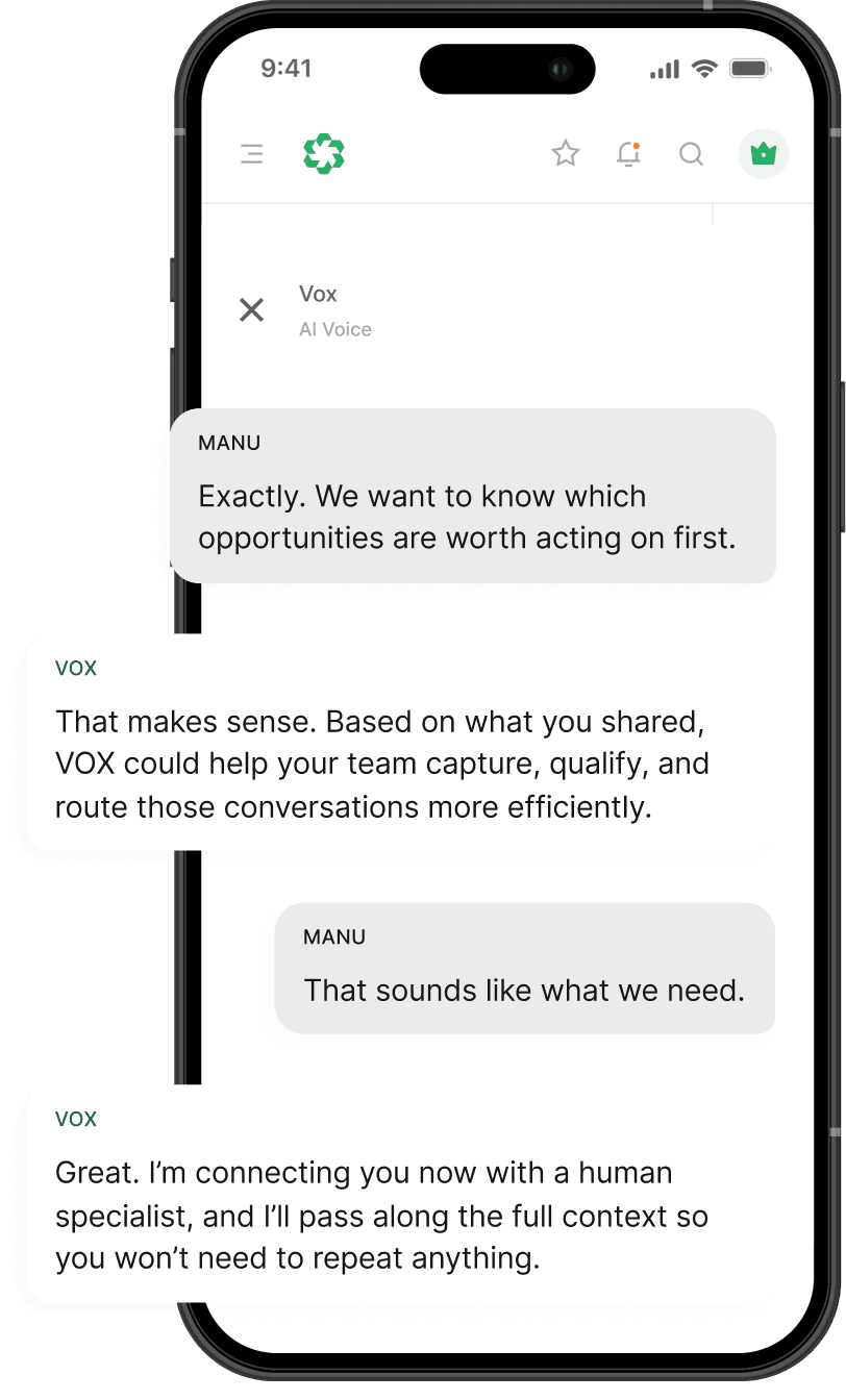 AI conversation preparing a smooth handoff to a human specialist.