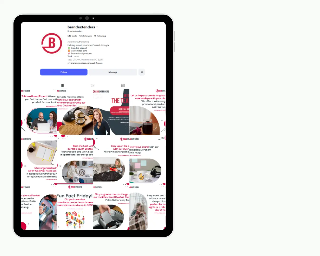 BrandExtenders Instagram feed on a tablet