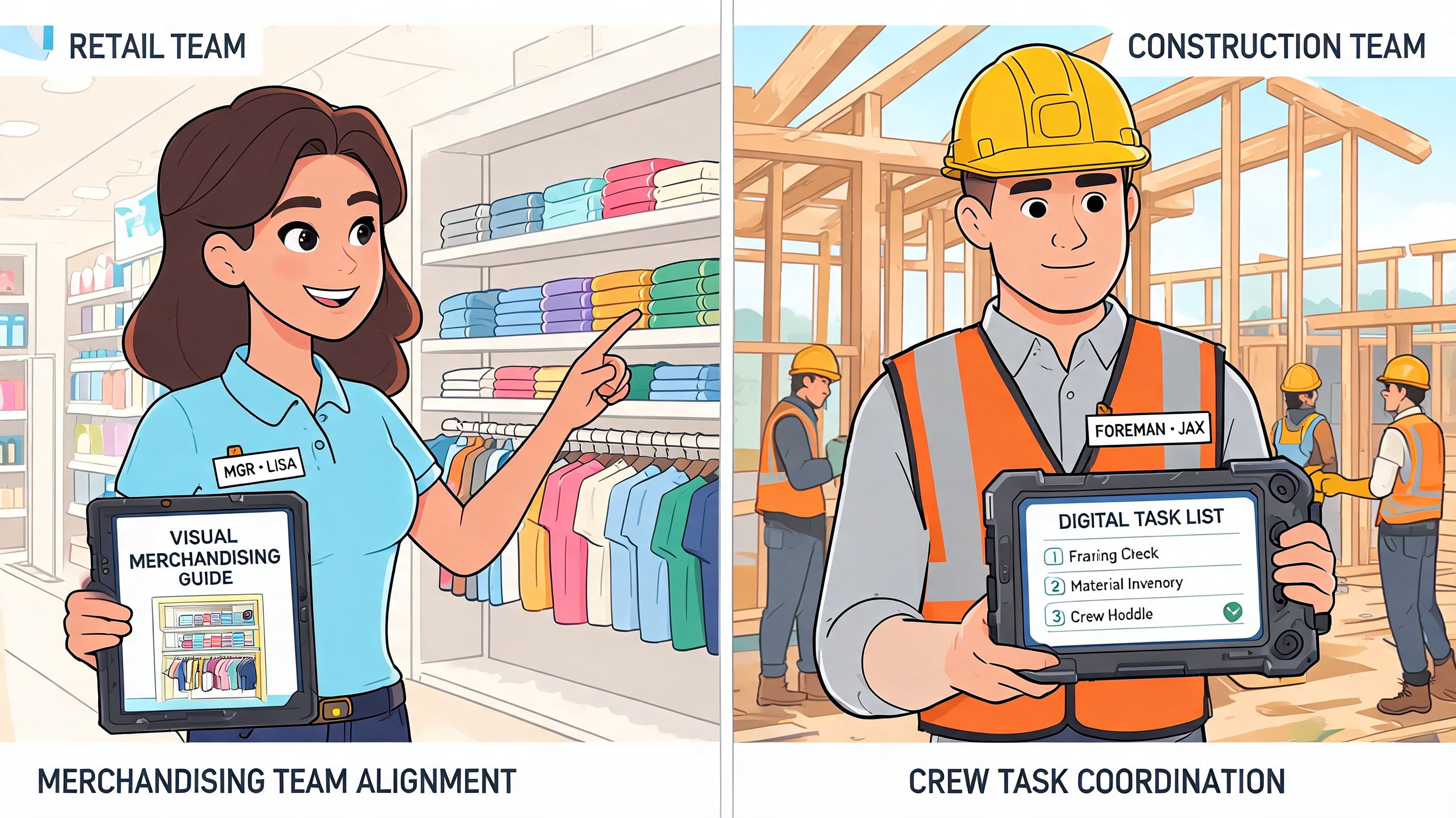 A split screen illustration showing a retail manager and a construction foreman using digital tablets for tasks.