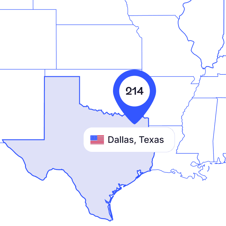 US map of 214 area code phone numbers and its coverage region