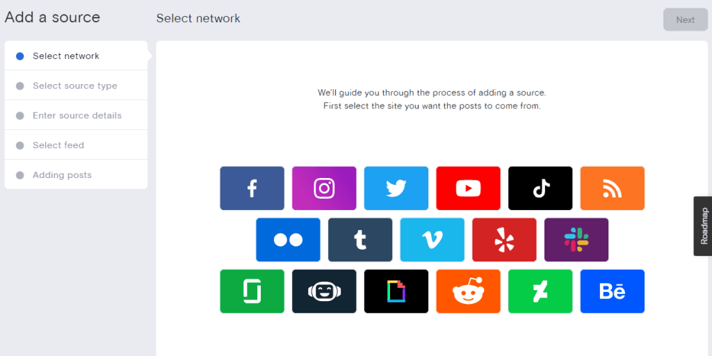 All available social media options for aggregating content, including Instagram