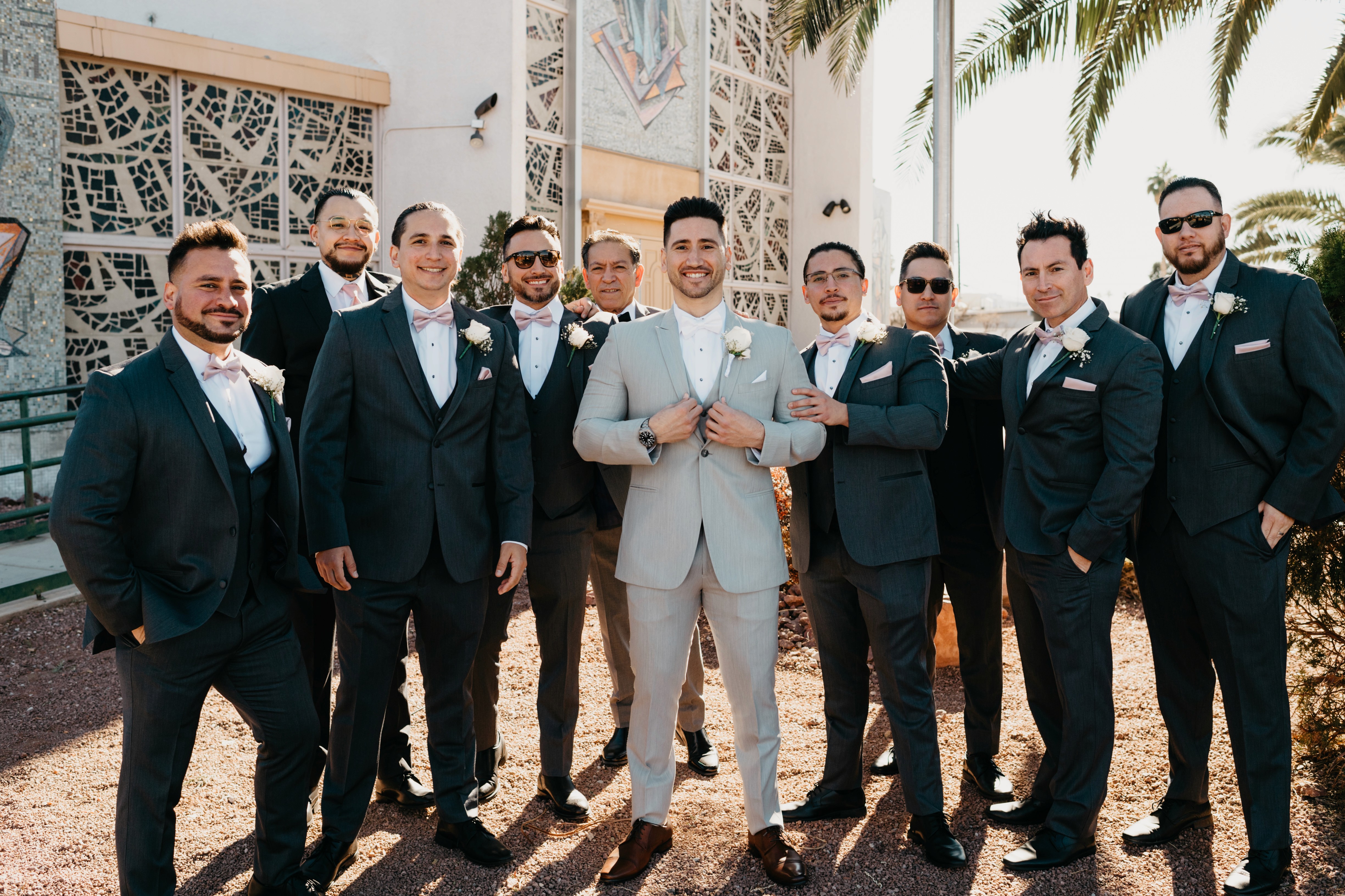 Family photos outside St. Anne’s Catholic Church wedding in Las Vegas
