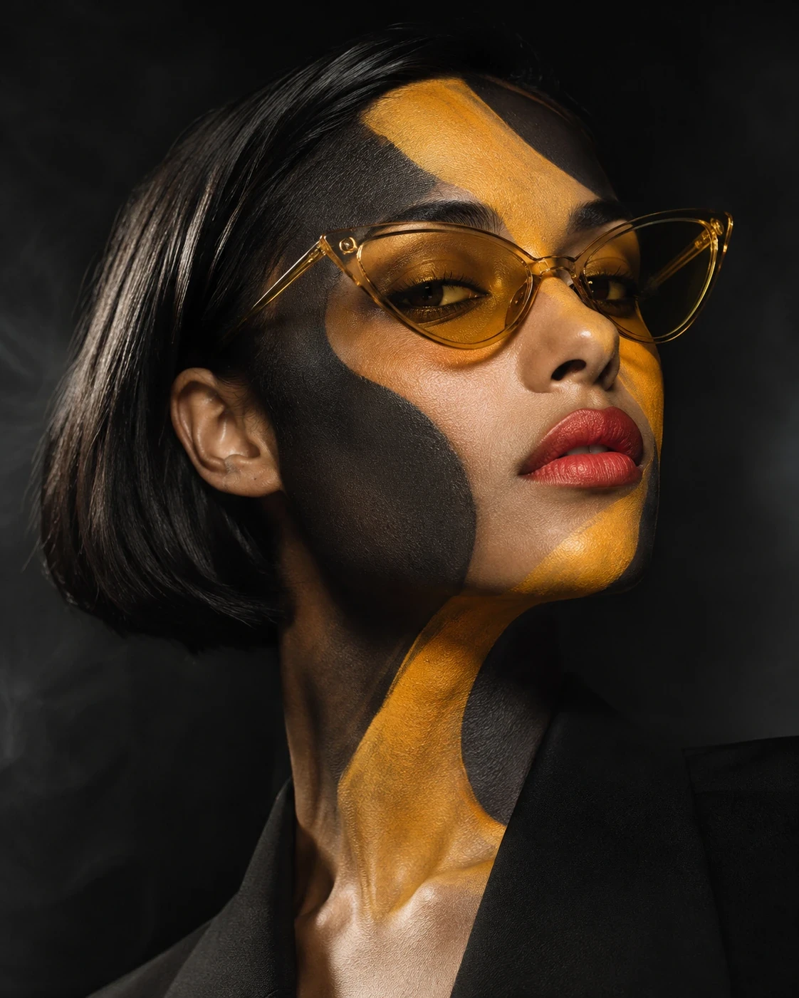 Portrait with saffron and charcoal face paint, amber cat-eye glasses and red lips