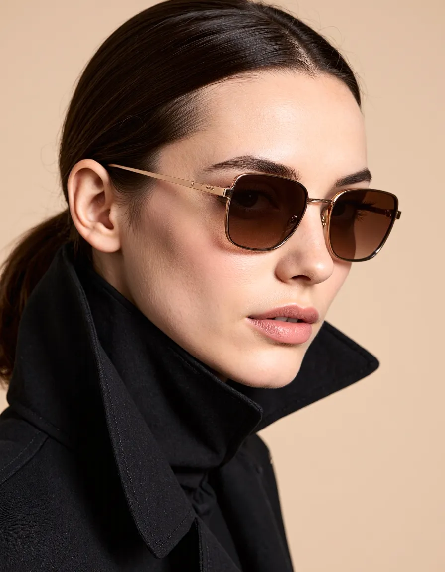 Elegant profile portrait featuring stylish brown gradient sunglasses with gold frames against a neutral beige background, wearing a black coat