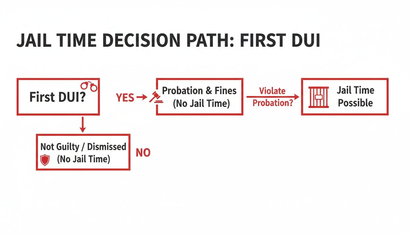 Flowchart illustrating the jail time decision path for a first DUI offense.