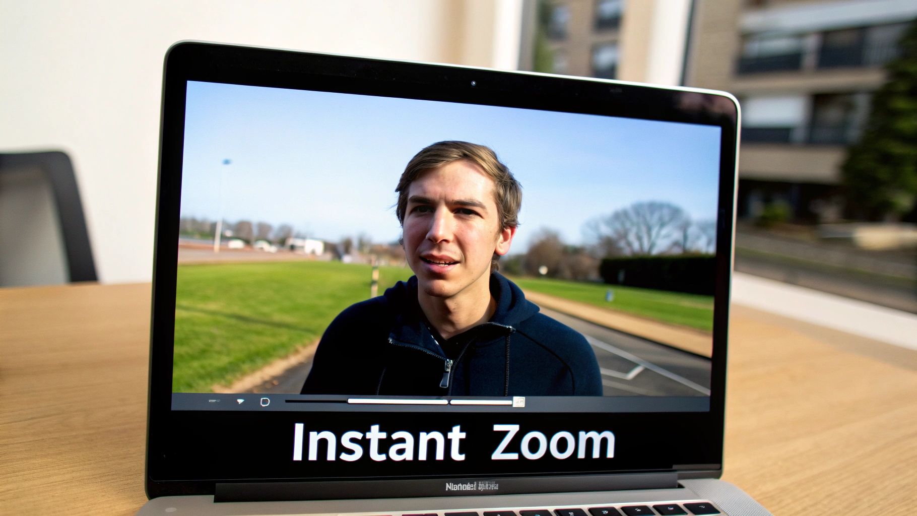 A laptop screen shows a video of a young man outdoors with the text 'Instant Zoom' on it.