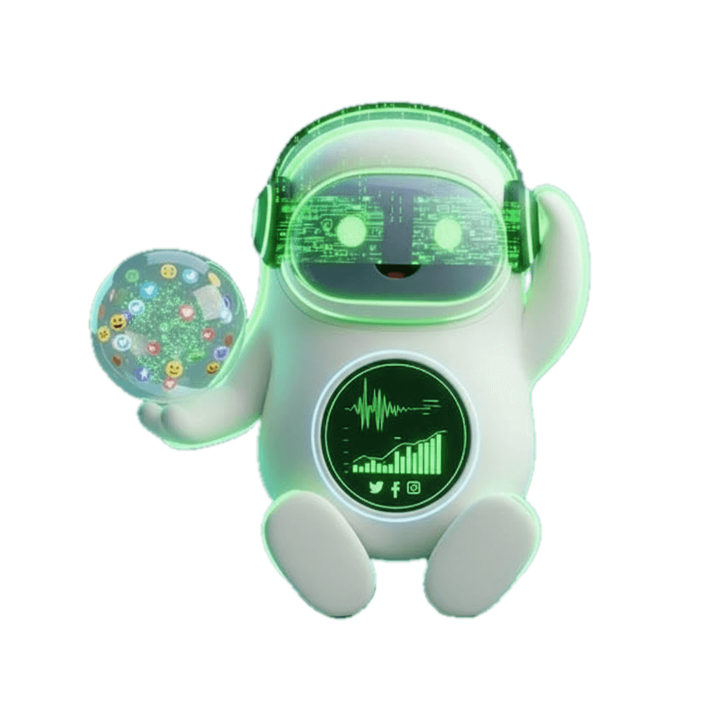 Agent IA Aurora : robot 3D futuriste analysant les actualités boursières et le sentiment social en temps réel.