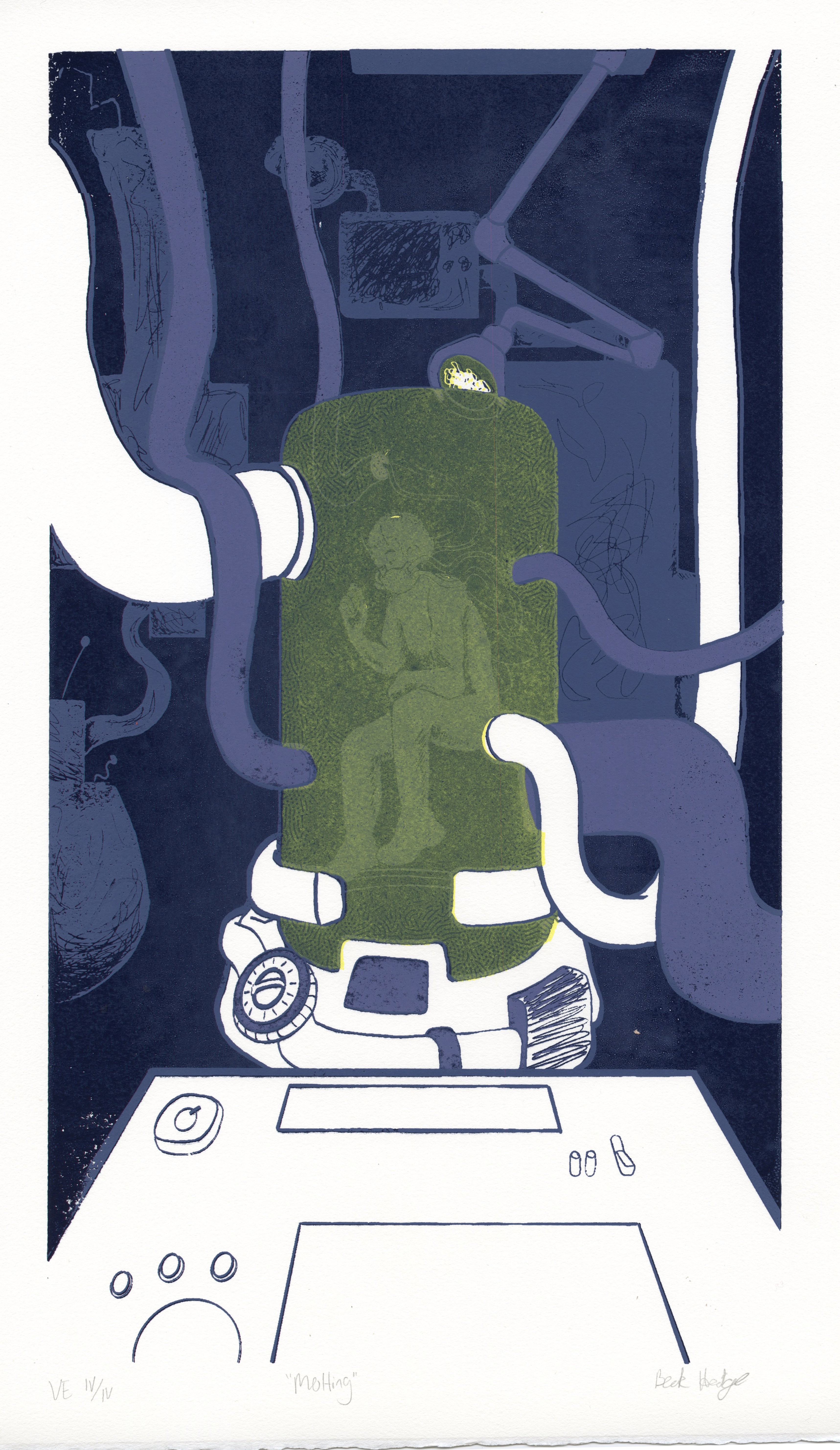 Screenprint of a humanoid figure within a sci-fi vat of fluid, à la Star Wars bacta tank