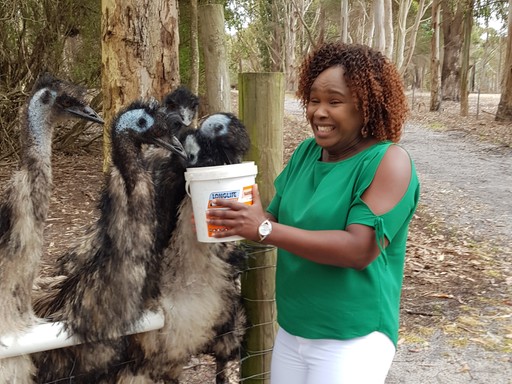 Lady has a very funny laughing face when feeding native emus at a farm