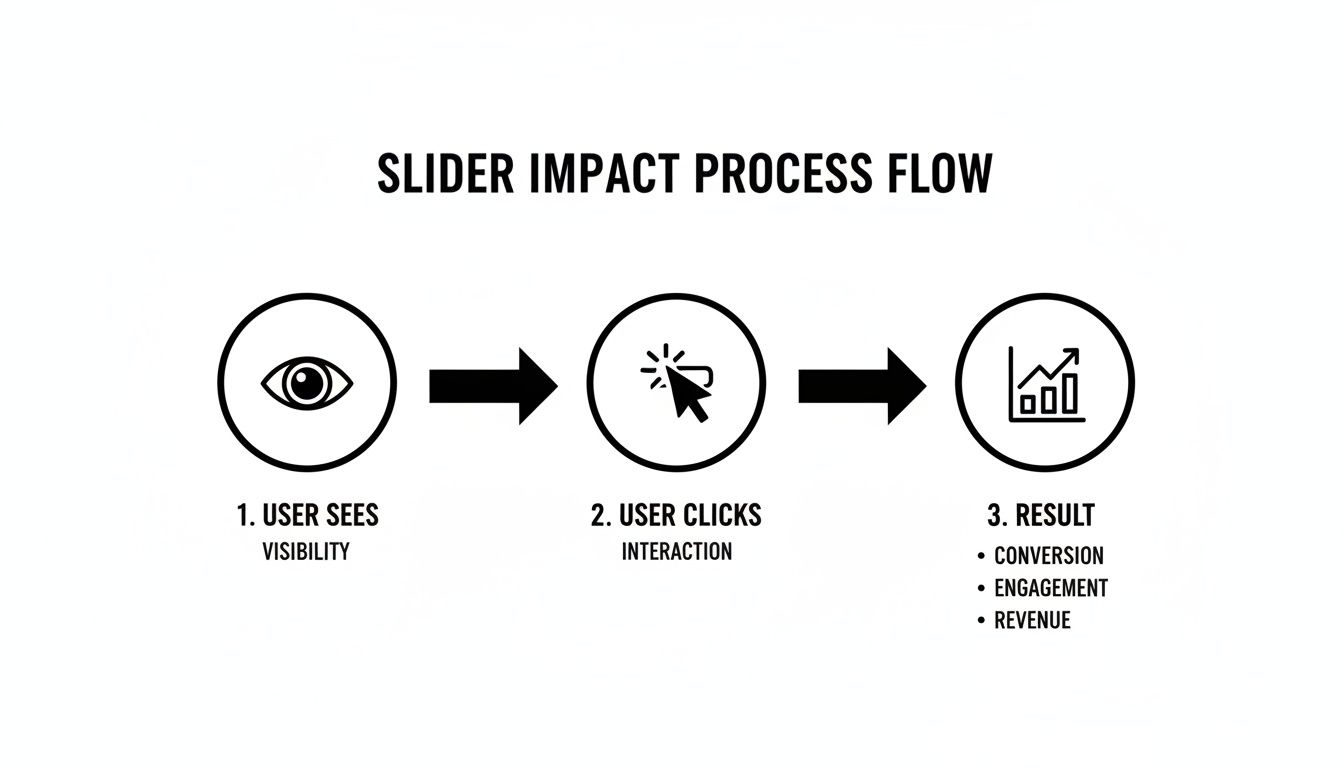 Visualizing the slider impact process flow, from user visibility to clicks, leading to conversion, engagement, and revenue.