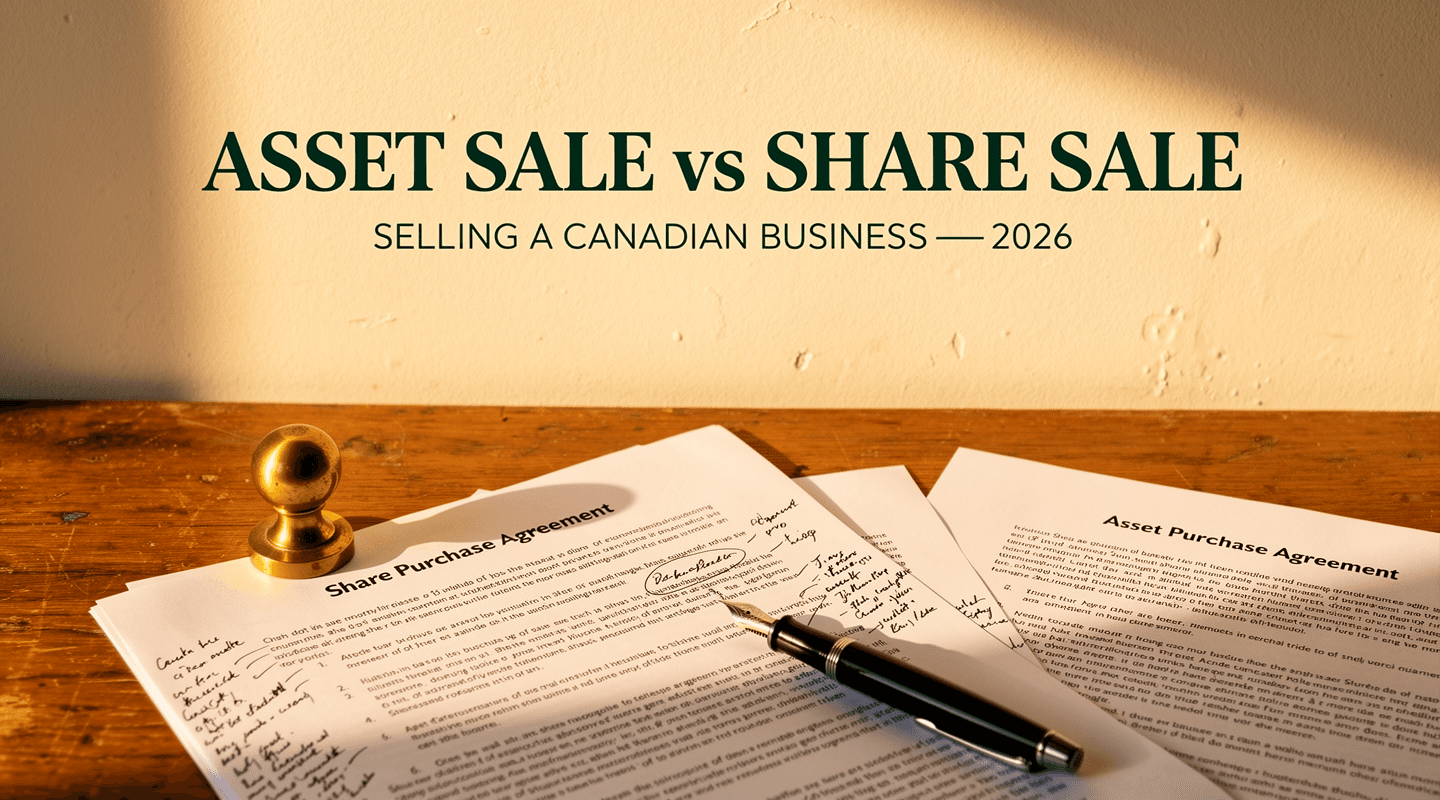 Two purchase agreement documents with brass paperweight on oak desk with title overlay.