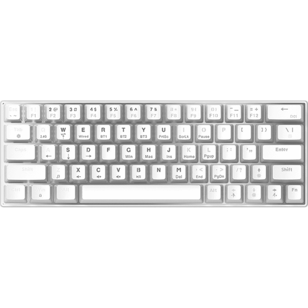 A top-down view of a compact mechanical keyboard with vibrant RGB backlighting, representing a professional developer workstation.