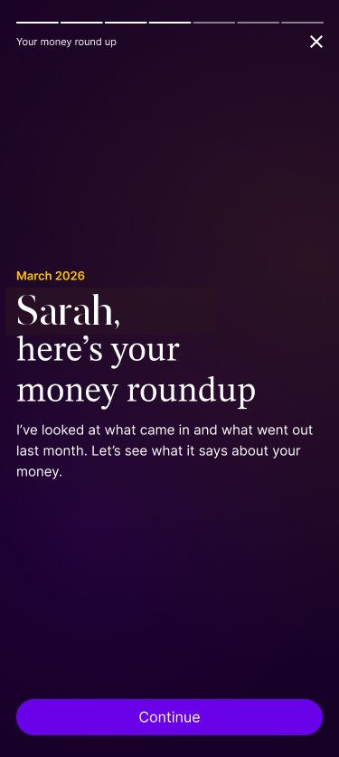 Aida app monthly money roundup intro screen for March, personalised with the user's name before showing their spending story